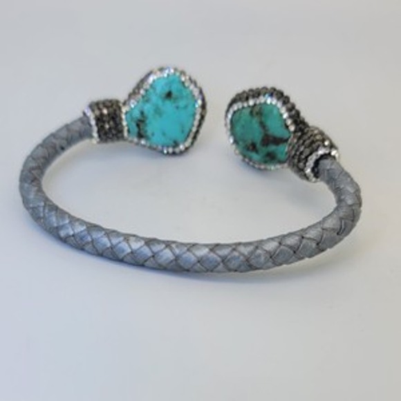 Turquoise & Round Crystal Woven Silver Cord Cuff - Picture 10 of 10